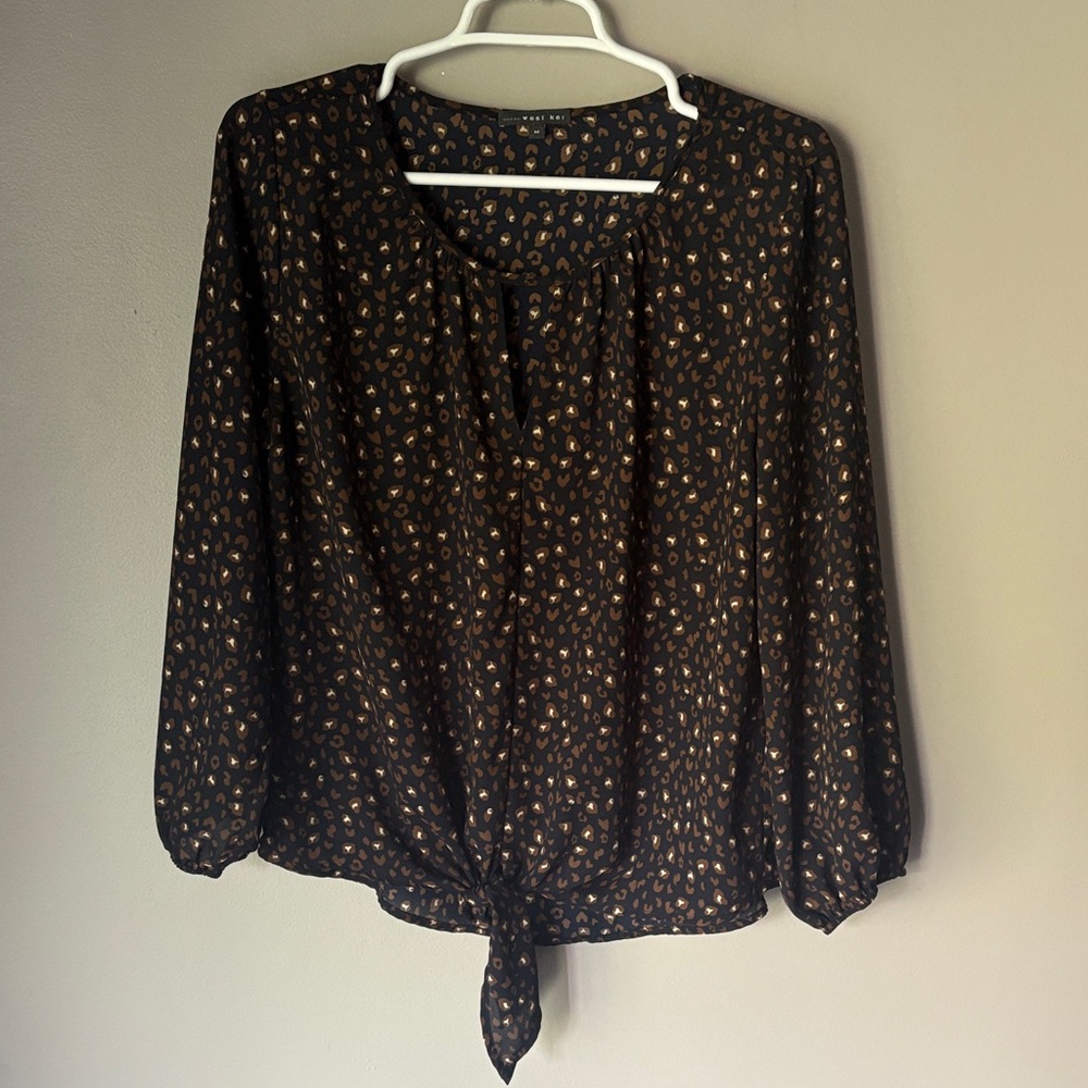 West Kei Black Blouse with Gold Leopard Spots Tie-Hem